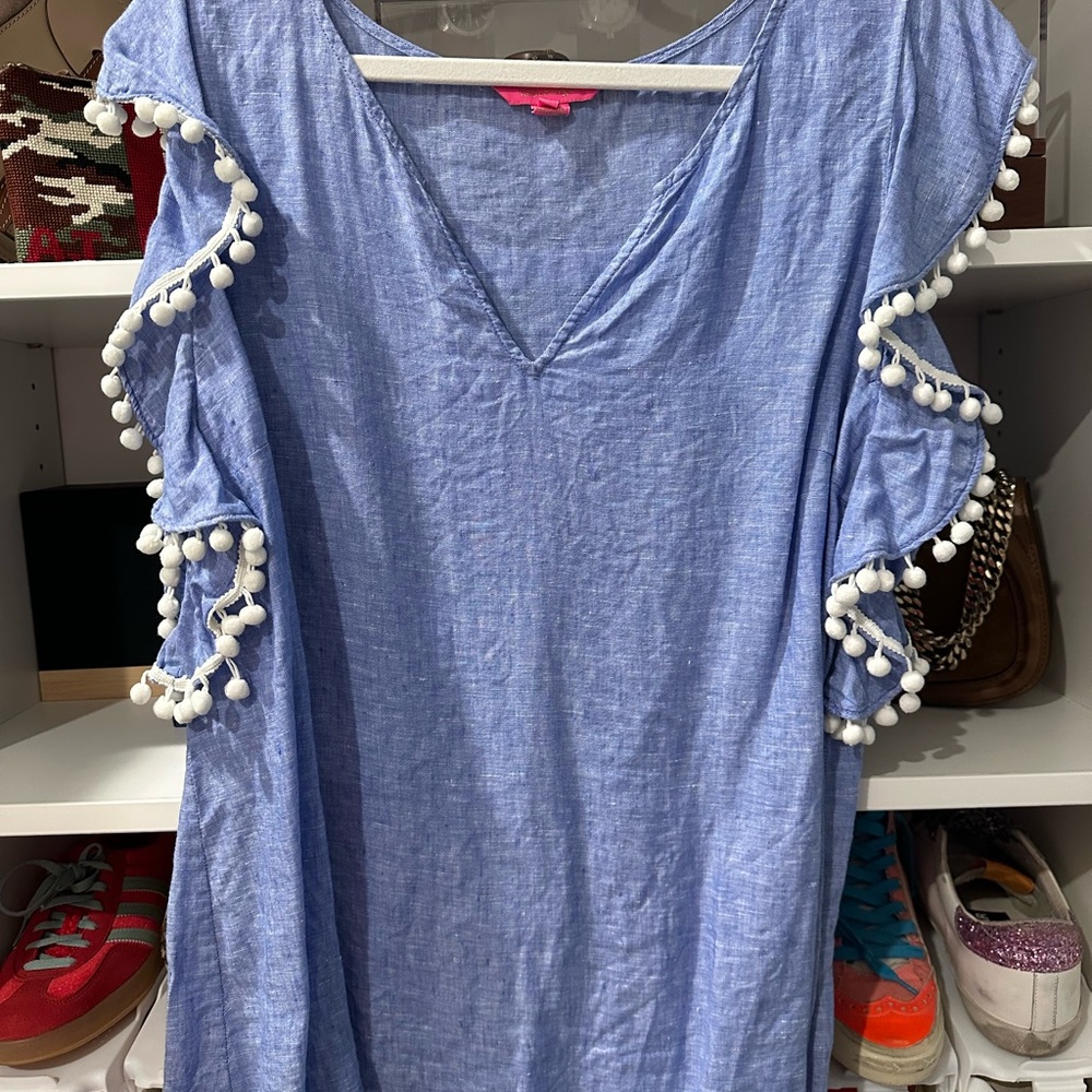 Lilly Pulitzer Light Blue Blouse with Pom-Pom Trim